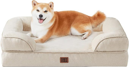 EHEYCIGA Orthopedic Dog Bed for Large Dogs, Waterproof Memory Foam, Non-Slip Bottom, Beige, 35"L x 22"W x 6.5"Th