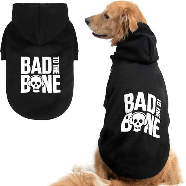 BINGPET Warm Dog Sweater with Hood and Leash Hole, Soft Fleece Coat for Cold Weather, Bad to The Bone Design, Sizes XS-XXL