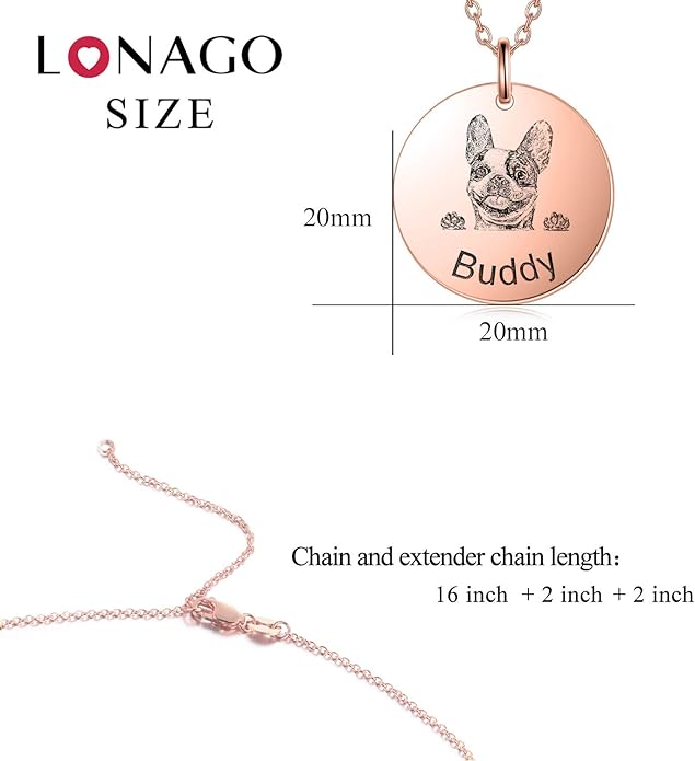LONAGO 925 Sterling Silver Custom Dog Cat Portrait Photo Necklace Personalized Pet Engraved Picture Pendant Memorial Gift Name Jewelry for Women Mom