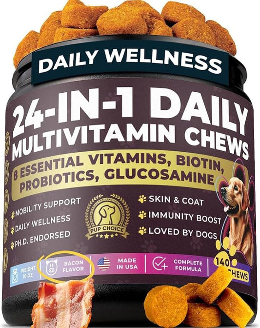 24-in-1 Complete Multivitamin Treats for Dogs – 8 Vitamins, Biotin, Probiotics, Glucosamine – Daily Wellness, Immune Support, Skin & Coat, Mobility – 140 Treats – Bacon Flavor – Made in USA