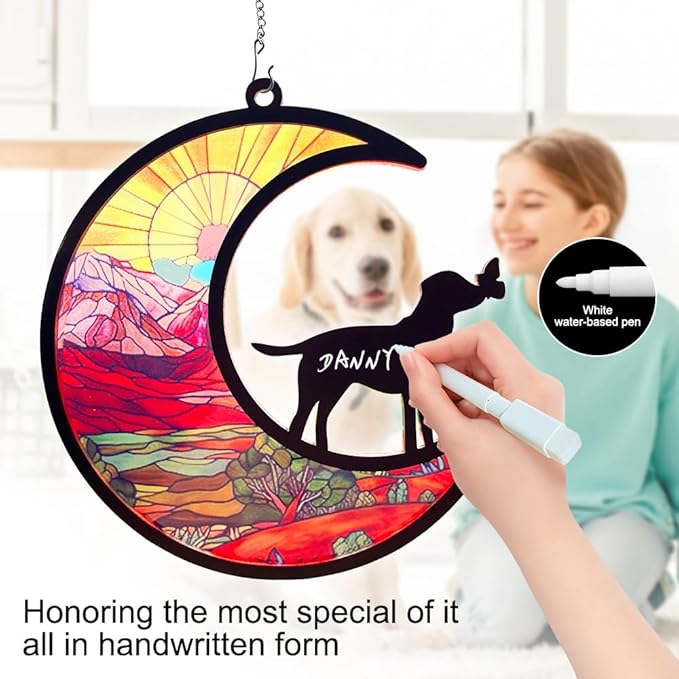 Sun Catchers Indoor Window-Dog Memorial Gifts for Loss of Dog,Dog Kissing Butterfly on The Moon,Personalized Decoration with Name
