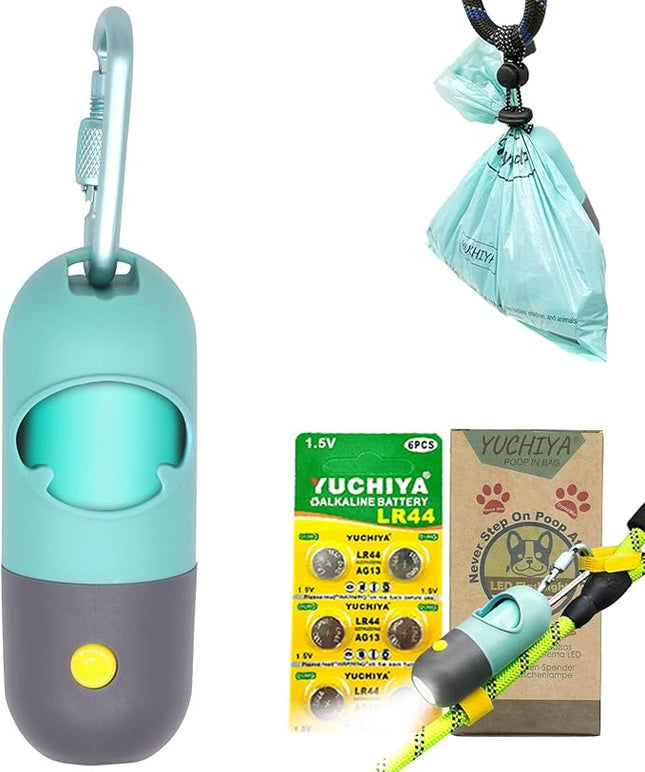 Dog Poop Bags Holder with LED Flashlight, 15 Crystal Blue Bags, 3 Accessories, 3 LR44 Batteries Included
