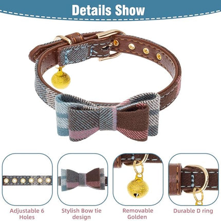 EXPAWLORER Dog Collar and Leash Set - Classic Plaid Bow Tie & Dog Bandana Collar with Bell, Dog Leash Tangle Free, Adjustable Collars for Puppy Small Dogs and Cats, Holiday Ideal Gift, Blue XS