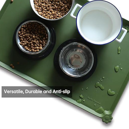 Hoki Found Large Silicone Pet Food Mats Tray - Waterproof Dog Pet Cat Feeding Mat - Non Slip Pet Dog Cat Food Bowl Mats Placemat -Pet Water Mats for Carpet - Dark Olive