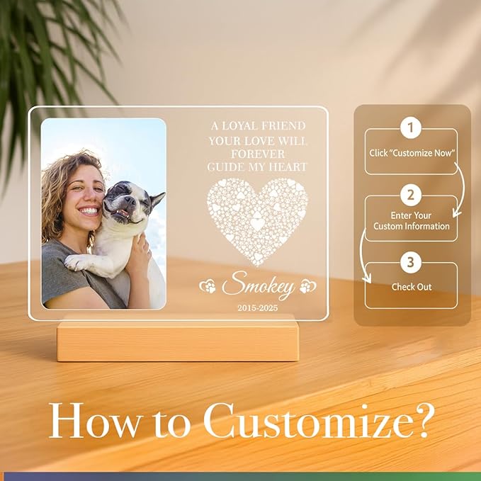 Personalized Pet Memorial Gifts, Dog Memorial Gifts for Loss of Dog, Pet Loss Gifts in Memory of Dog Night Lights, Custom Dog Memorial Plaque, Cat Memorial Photo Frame, Pet Sympathy Gifts