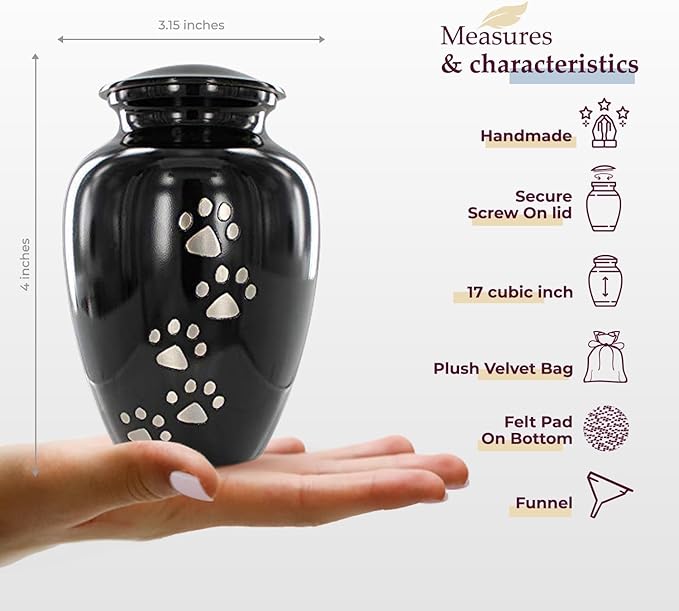 Trupoint Memorials Small Pet Urn for Dogs and Cats Ashes, Paws Print Black Cremation Urns for Pets up to 17 lbs