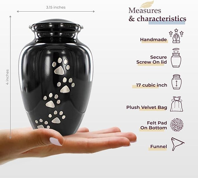 Trupoint Memorials Small Pet Urn for Dogs and Cats Ashes, Paws Print Black Cremation Urns for Pets up to 17 lbs
