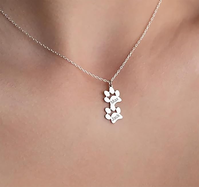 MeiceM Personalized Memorial Necklace,Custom engraving Pet Name pendant,Paw print necklace for women,Paw Print Pendant with Birthstone,Dog cat Loss Keepsake Jewelry (2 Paw Prints)