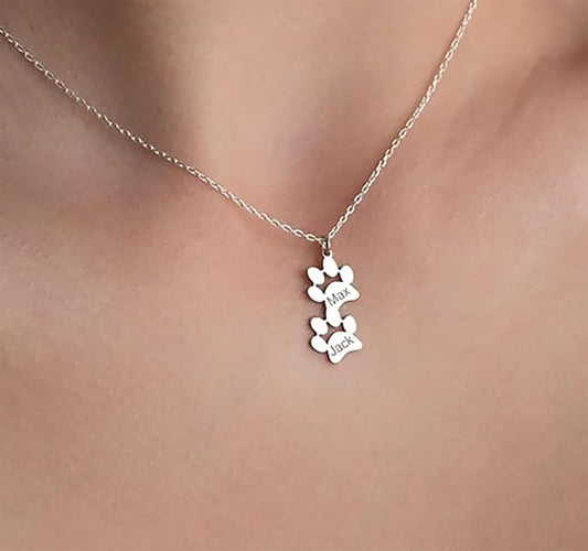 MeiceM Personalized Memorial Necklace,Custom engraving Pet Name pendant,Paw print necklace for women,Paw Print Pendant with Birthstone,Dog cat Loss Keepsake Jewelry (2 Paw Prints)