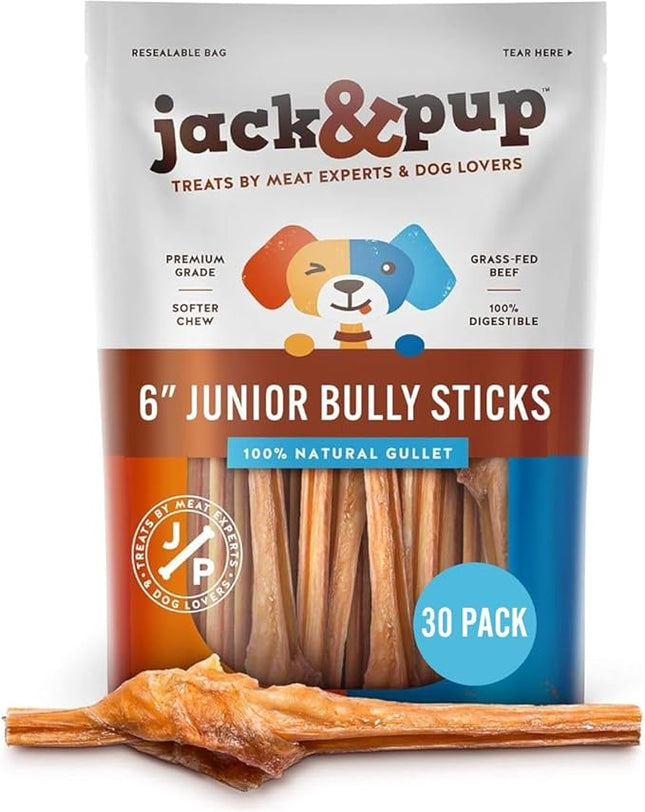 Jack&Pup 6 Inch Bladder Bully Sticks for Small Dogs (30 Pack) Single Ingredient Dog Treats, Puppy Chew Sticks