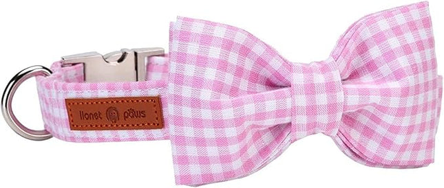 Lionet Paws Dog Collar with Bowtie, Comfortable Adjustable Cute Pink Gingham Bow Tie Collar for Female Puppies and Cats Gift, XXS, Neck 7-11 inches