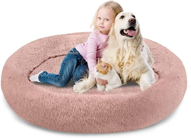 SAVFOX Plush Calming Dog & Cat Beds - Donut Shaped, Comfy Cuddler in Faux Fur, Washable, Multiple Sizes XS-XXL