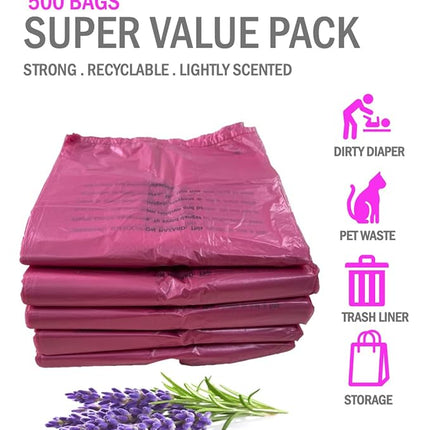 Baby Diaper Bag Disposable (500 Count, Pink) Fresh Lavender Scented Easy Tie Handles Scented Bulk Diaper Sacks Disposable Dog Poop Bags Cat Litter Clump & Poop Bags Sanitary Pads Disposal (500 Bags)