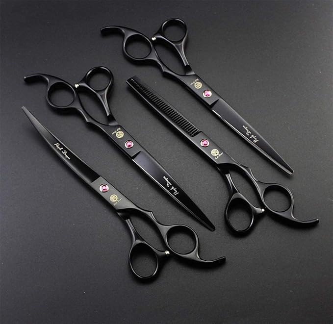 Purple Dragon Professional 7.0 inch 4PCS Pet Grooming Scissors Kit Japan Premium Steel Straight, Curved & Thinning Blade Dog Hair Cutting Shears Set with Case