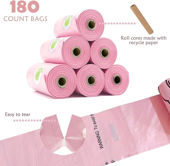 Dog Poop Bags Holder with LED Flashlight|Pet Waste Bags Dispenser for Leash|Doggie Potty Bags Container with Leak-proof Pet Trash Bags and Accessories (1 Holder 195 Bags, Pink)