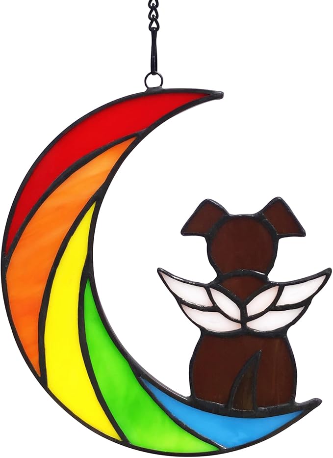 Stained Glass Rainbow Bridge Brown Dog Memorial Gifts for Loss of Dog Sympathy Remembrance Suncatcher, Thoughtful Pet Loss Bereavement Gifts in Memory of Pet Passing Away Window Hanging.