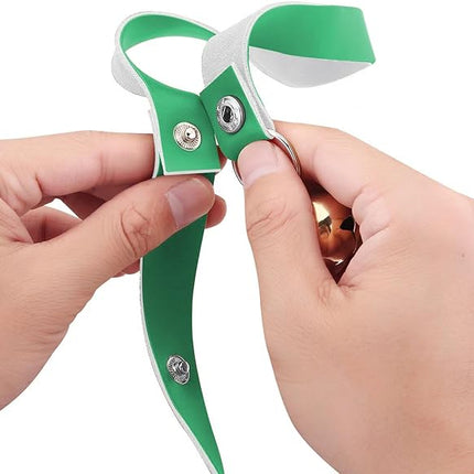 Leather Dog Doorbells for Door Knob/Potty Training/Go Outside, Length Adjustment Copper Dog Bell, Housetraining Hanging Bell, Green Leather Golden Bells.