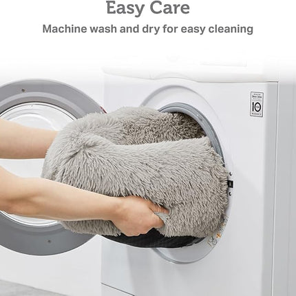 Friends Forever Luna Donut Cat Bed Cave, Soft Faux Fur Hooded Blanket Dog Couch For Indoor Pet, Fluffy Calming Plush Shag, Cozy Round Cushion, Machine Washable Cuddler, Self Warming, Grey