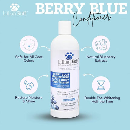 Lillian Ruff PRO Formula Berry Blue Brightening Dog Conditioner - Professional Whitening Conditioner Hydrate Dry Skin, Soften, Detangle, Restore Shine - Provitamin B5, USA Made 16oz