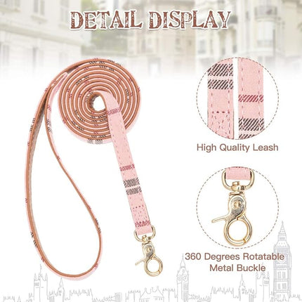 EXPAWLORER Dog Collar and Leash Set - Classic Plaid Dog Bow Tie and Bandana Collar with Bell, Dog Leash Tangle Free, Adjustable Collars for Puppy Small Dogs and Cats, Holiday Ideal Gift, Pink XS