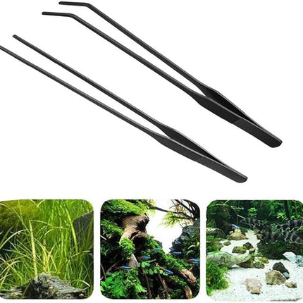 2PCS Aquarium Tweezers Stainless Steel Straight and Curved Tweezers Set Long Handle Reptile Feeding Tongs for Aquatic Plants Lizards Spider Snakes Garden Repairing - 10.6inch, Black