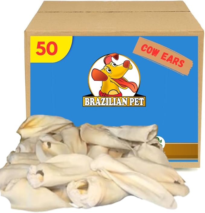 Brazilian Pet 100% Natural Real Cow Ears (50 Pack) Prime Dog Chews, Over 5 inches Free Range Grass Fed Cattle, No additives, Chemicals or Hormones