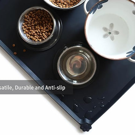 Hoki Found Large Silicone Pet Food Mats Tray - Non Slip Dog Cat Bowl Mats Placemat - Pet Feeding Mat - Pet Water Mats for Floors- Waterproof Dog Cat Food Mats - Black