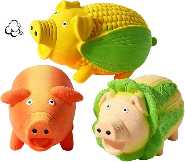 3-Pack Squeaky Vegetable - Shaped Pig Dog Toys with Grunts & Oinks,Durable Rubber Puppy Chew Toys with Interactive Latex Design