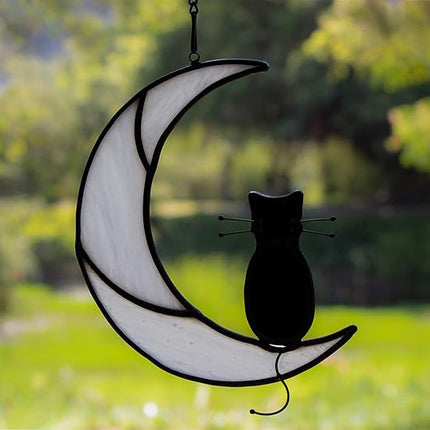 Black Cat On White Moon Stained Glass Window Hangings Ornament,Cat Memorial Gifts, Themed Gifts for Cats Lovers