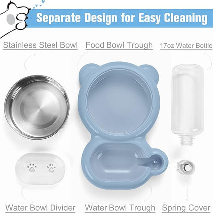 Dog Bowls, Cat Food and Water Bowl Set with Water Dispenser and Stainless Steel Bowl for Cats and Small Dogs - Light Blue