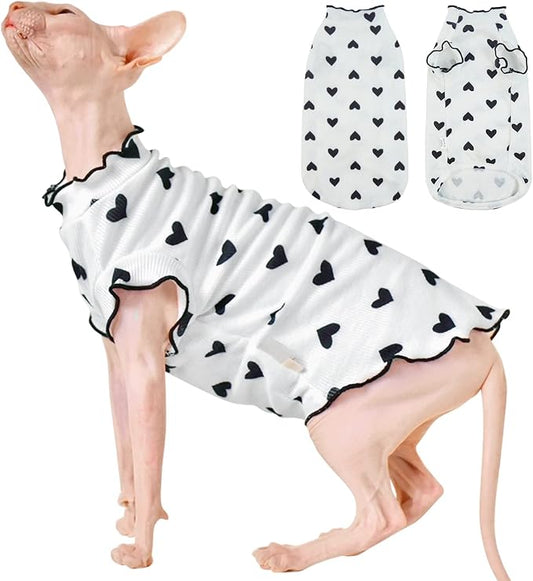 DENTRUN Heart Pattern Sphynx Hairless Cats Shirt, Kitten T-Shirts with Perlin Sleeves, Breathable Cat Wear Cute Sweater Adorable Hairless Cat's Clothes Vest Pajamas Jumpsuit
