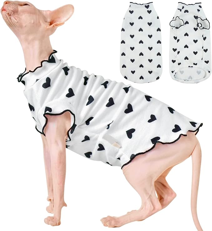 DENTRUN Heart Pattern Sphynx Hairless Cats Shirt, Kitten T-Shirts with Perlin Sleeves, Breathable Cat Wear Cute Sweater Adorable Hairless Cat's Clothes Vest Pajamas Jumpsuit