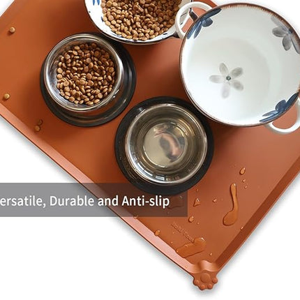 Hoki Found Large Silicone Non Slip Pet Feeding Mats - Waterproof Dog Cat Bowl Mats - Caramel