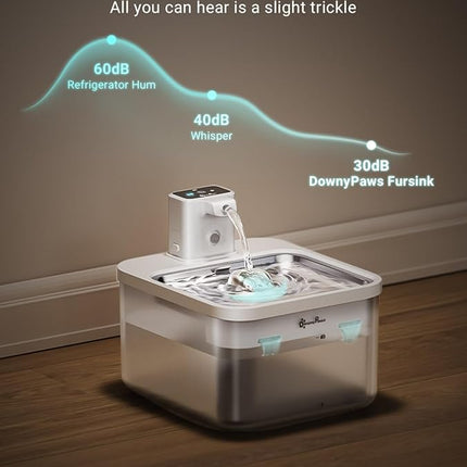 DownyPaws Battery Operated Cat Water Fountain Stainless Steel, 84oz/2.5L Fursink Wireless Pet Water Fountain for Cats Inside, Automatic Dog Water Dispenser with Faucet, Quiet Pump, BPA-Free, White