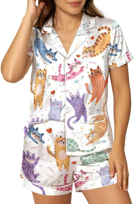 Women’s Silk Satin Pajama Set, Short Sleeve Button Down 2 Piece PJs with Shorts, Cozy Loungewear & Matching Holiday Pajamas