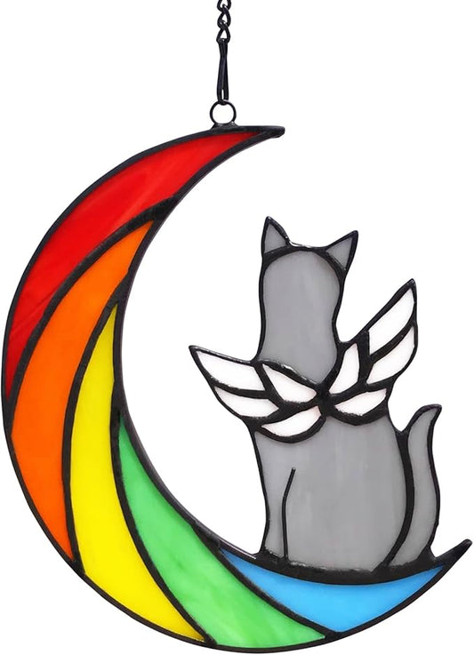 Grey Cat Memorial Gifts for Loss of Cat Sympathy Suncatcher, Rainbow Bridge Pet Memorial Bereavement Gifts, Stained Glass Window Hangings for Pet Lovers Loss