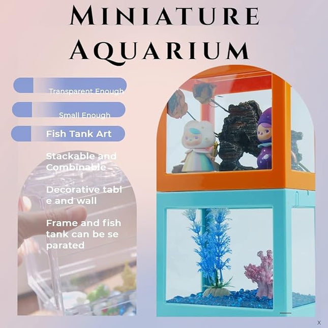 Small Betta Fish Tank, Stackable Mini Fish Tank Aquarium Tank Kit, 3/5 Gallon Rectangular Fish Bowl with Aquarium Gravel Decoration, Tiny Cube Tank for Seaweed Balls Sea Monkeys