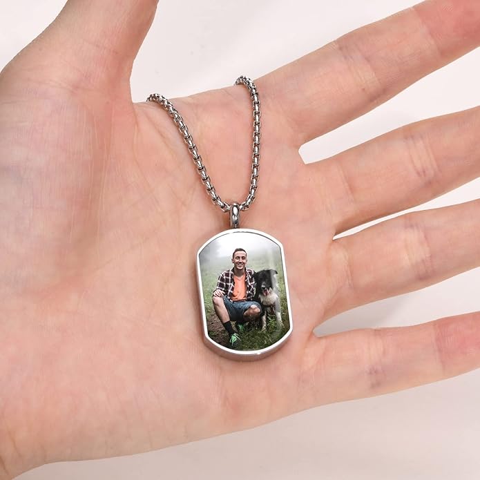 VNOX Personalized Customizable Photo Text Cremation Urn Necklace for Ashes Holder Dog Tag Pendant Family Pet Memorial Keepsake Jewelry for Men Women