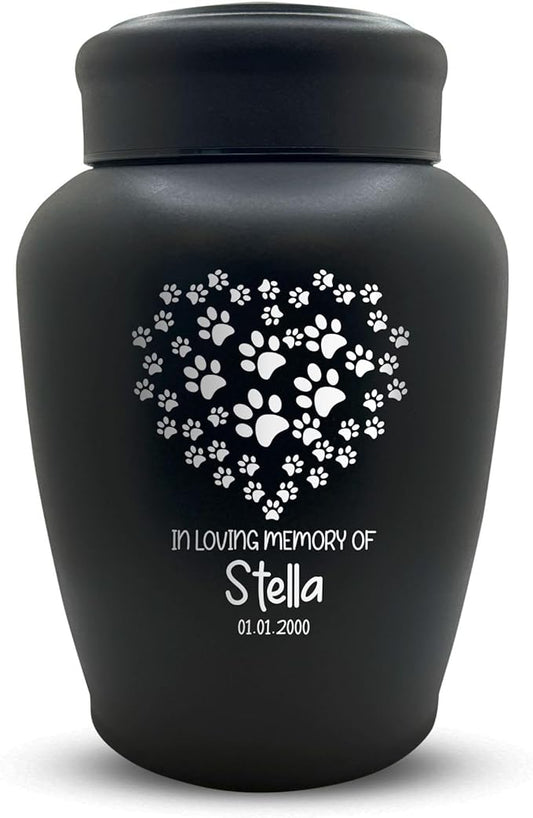 Personalized Custom Dog Urn Engraved Dog Name and Date - Stainless Steel Large Cremation Urns for Large Dog's Ashes with Airtight Closure | 150 Cu in. Capacity | Paw Print Heart