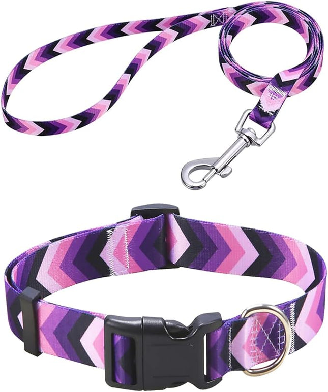 Dog Collar and Leash Set with Bohemia Floral Tribal Geometric Patterns - Soft Ethnic Style Collar Adjustable for Small Medium Large Dogs(Purple Arrow Set,L)