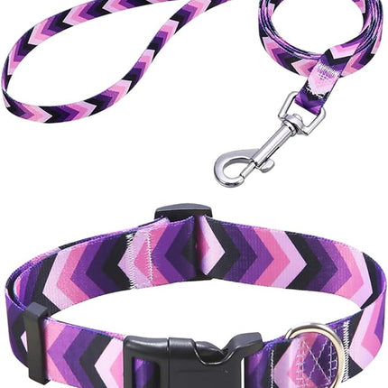 Dog Collar and Leash Set with Bohemia Floral Tribal Geometric Patterns - Soft Ethnic Style Collar Adjustable for Small Medium Large Dogs(Purple Arrow Set,M)