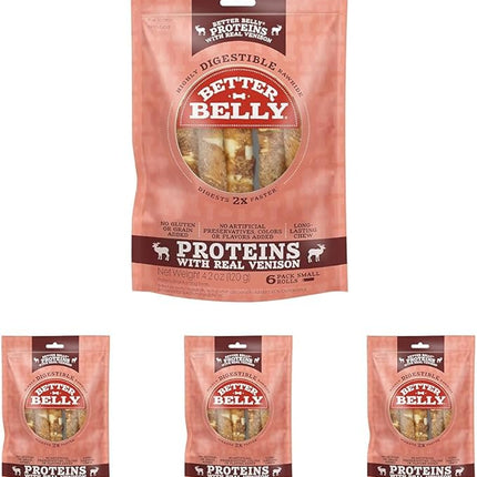 Better Belly Proteins with Real Venison Small Rolls 6 Count, Digestible Rawhide for Dogs, 4.2 OZ (Pack of 4)
