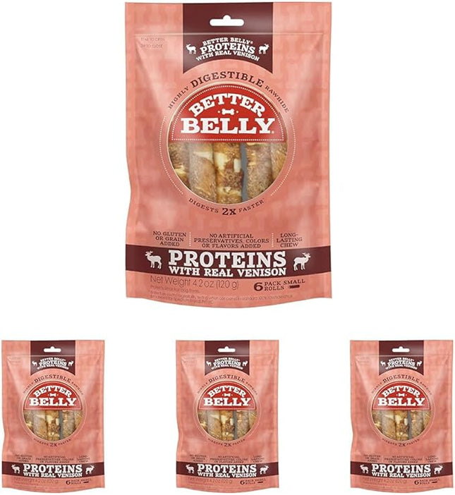 Better Belly Proteins with Real Venison Small Rolls 6 Count, Digestible Rawhide for Dogs, 4.2 OZ (Pack of 4)
