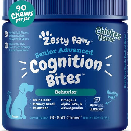 Zesty Paws Advanced Cognition Soft Chews for Dogs - with Omega 3 DHA, Ashwagandha & Alpha GPC - for Senior Dog Brain Health & Nervous System Support - Supplement for Calming & Relaxation - 90 Count