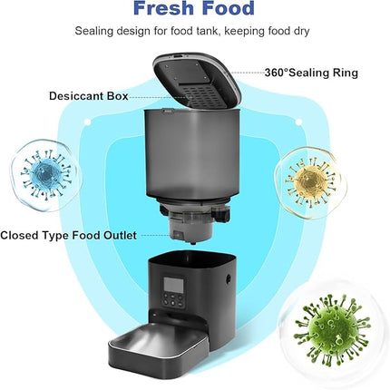 Automatic Cat Feeder, Cat Food Dispenser with 10s Voice Recorder, Pet Feeder up to 8 Meals per Day, Timed Feeder with Dry Food Sealed Ring (Black, 6L)