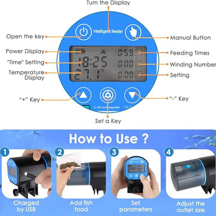 Lukovee Automatic Fish Feeder, Feeding Time Display USB Rechargeable Timer Moisture-Proof Aquarium or Fish Tank Food Dispenser with 200ML Large Capacity with Temperature Measure Function, Blue
