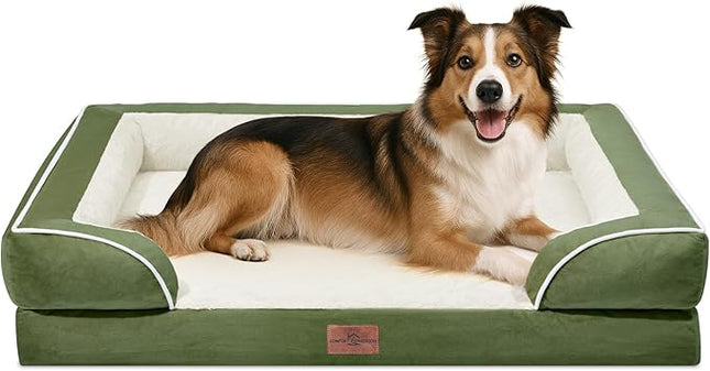 Comfort Expression Orthopedic Dog Bed for Large Dogs 38x25 Inch, Waterproof Supportive Egg Crate Foam Large Pet Bed with Removable Bolster, Dog Couch with Washable Cover & Non-Slip Bottom, Light Green