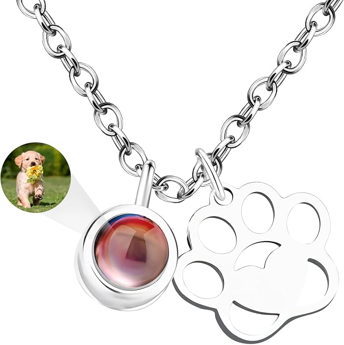 Personalized Picture Necklace with picture inside Custom Projection Necklace Cat/Dog Paw Print Pet Memorial Necklaces for Pet Lovers, Photo Gifts for Anniversary Dog Lovers