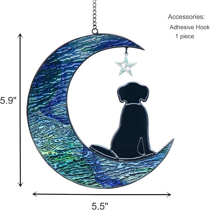 Stained Glass Dog Decor Moon Window Hanging Suncatcher Pet Memorial Present Sympathy Gift for Dog Lovers