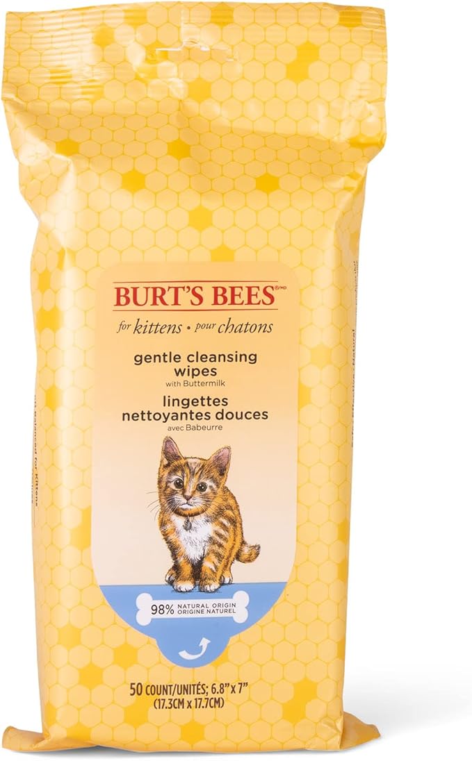 Burt's Bees for Pets Kitten Wipes with Buttermilk - Pet Wipes for Cats Waterless Bathing & Cleaning, Kitten Essentials for Indoor Kittens, Gentle Cat Grooming Wipe for Face, Paws & Butt, 50 Count